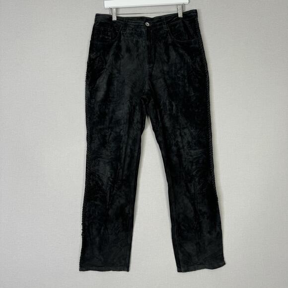 Vintage Chico's Pants Womens 12 Black Suede Leather Straight Laced Trim Y2K 90s - Picture 2 of 16